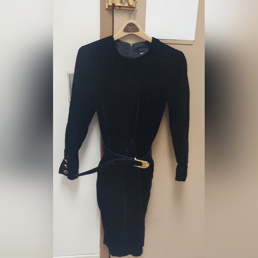 Vintage 80s Positive Attitude Velvet Long Sleeve Little Black Belted Dress | 7/8